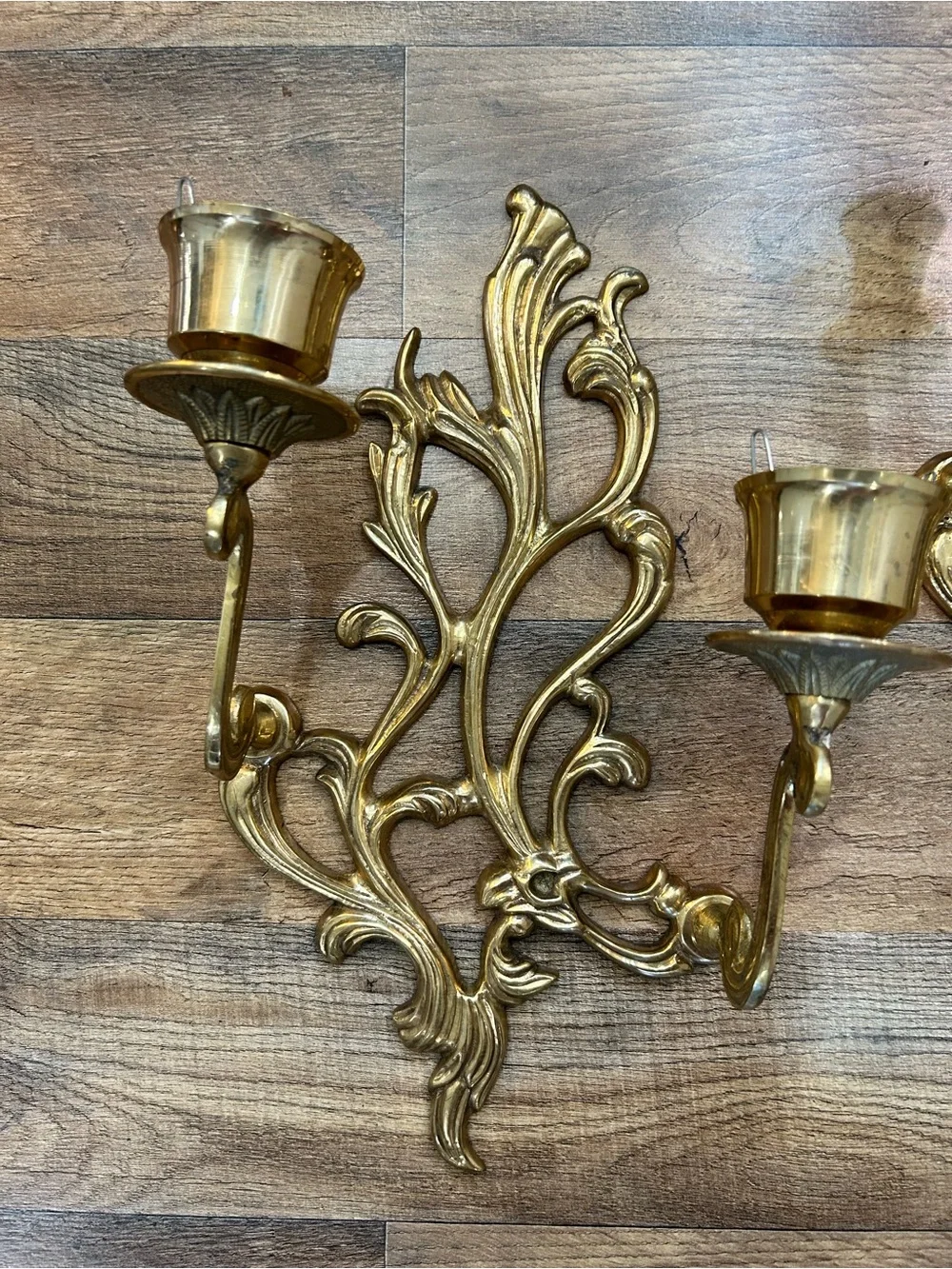 Ornate Brass Tone Double Arm Wall Candle Sconces Pair